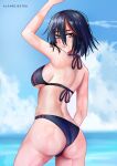  1girl absurdres alfarejected arm_up armpits ass back bikini black_hair blue_eyes blue_sky blush breasts cloud day eyelashes from_behind hair_between_eyes highres kill_la_kill looking_back matoi_ryuuko medium_breasts messy_hair multicolored_hair ocean outdoors parted_lips short_hair sideboob signature sky streaked_hair sweat swimsuit thighs trigger_(company) two-tone_hair underboob wet 