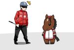  1boy 1girl :3 absurdres aramori_susumu black_pants blue_headwear buruma full_body gym_uniform highres holding_riding_crop horse jacket kawada_yuuga liberty_island_(racehorse) pants real_life red_buruma red_track_suit simple_background tracen_training_uniform track_jacket track_pants translated umamusume white_background 