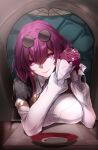  1girl absurdres breasts collared_shirt dress_shirt eyewear_on_head highres honkai:_star_rail honkai_(series) kafka_(honkai:_star_rail) large_breasts long_hair looking_at_viewer ponytail purple_eyes purple_hair round_eyewear shirt sidelocks smile solo sunglasses white_shirt yukiru_akitera 