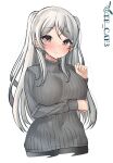  1girl brown_eyes conte_di_cavour_(kancolle) covered_navel grey_hair grey_sweater kantai_collection looking_at_viewer parted_lips ribbed_sweater simple_background solo sweater tf_cafe turtleneck turtleneck_sweater twitter_username two_side_up upper_body white_background 