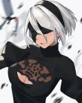  absurdres black_dress blindfold blush breasts cleavage cleavage_cutout clothing_cutout dress highres lewdrawings mole mole_under_mouth nier:automata nier_(series) simple_background white_hair wind 