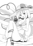  1girl bangs bikini blush bow eyeball feet_out_of_frame greyscale hat hat_bow heart heart-shaped_pupils heart_of_string highres komeiji_koishi maturiuta_sorato medium_hair monochrome open_mouth sitting smile solo striped striped_bikini striped_bow sun_hat swimsuit symbol-shaped_pupils third_eye touhou 