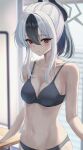  1girl bare_shoulders black_hair blue_archive blurry blurry_background blush bra breasts cleavage closed_mouth collarbone demon_horns grey_bra grey_panties halo highres horns indoors kayoko_(blue_archive) long_hair looking_at_viewer may9 medium_breasts multicolored_hair navel panties ponytail red_eyes sidelocks solo stomach teeth two-tone_hair underwear underwear_only upper_teeth_only white_hair window 