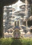  1other :3 brown_fur dot_nose ears_through_headwear flyaspring4 furry furry_other grey_headwear highres horizontal_pupils long_hair made_in_abyss nanachi_(made_in_abyss) on_grass outdoors signature solo water waterfall whiskers white_hair yellow_eyes 