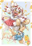  1girl 1other :3 animal_ears blush bouquet brown_fur claws dress extra_arms extra_tails faputa furry happy_birthday highres holding holding_bouquet horizontal_pupils made_in_abyss mumu_yu_mu nanachi_(made_in_abyss) open_mouth petals rabbit_ears sharp_teeth tail teeth whiskers yellow_eyes 