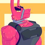  animate_inanimate anthro artist_name bandaged_neck black_eyebrows bulletproof_vest camelid epic_games eyebrows fizzyjay fortnite fur hi_res living_pinata llama looking_at_viewer lt._john_llama male mammal muscular muscular_male pecs pinata pink_body pink_fur pinup pose red_eyes simple_background solo tufted_fur wool_(fur) yellow_background yellow_sclera 