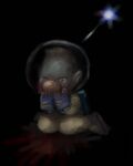  1boy absurdres alien backpack bag big_nose black_background blonde_hair blood blood_on_hands blood_stain blue_bag blue_gloves blue_light closed_eyes crying dark_background gloves hand_to_own_mouth highres iat-418 implied_cannibalism looking_down louie_(pikmin) pikmin_(series) pointy_ears radio_antenna short_hair sitting space_helmet spacesuit streaming_tears tears very_short_hair wariza 