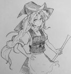  1girl bow braid braided_ponytail closed_mouth greyscale hand_on_own_hip hat hat_bow highres holding kanaria_(bocmn) kirisame_marisa long_hair looking_at_viewer monochrome shirt short_sleeves simple_background sketch skirt smile solo touhou traditional_media vest witch_hat 