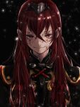 1girl alear_(female)_(fire_emblem) alear_(fire_emblem) black_background blood blood_on_face closed_mouth crossed_bangs fire_emblem fire_emblem_engage hair_between_eyes highres hk_539099410 long_hair looking_at_viewer red_eyes red_hair smile solo tiara upper_body 