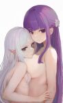  2girls absurdres blue_eyes blunt_bangs breast_press breasts closed_mouth completely_nude english_commentary fern_(sousou_no_frieren) frieren grey_hair highres koko_sasuwo large_breasts long_hair looking_at_viewer multiple_girls nude pointy_ears purple_eyes purple_hair simple_background small_breasts smile sousou_no_frieren symmetrical_docking thick_eyebrows upper_body white_background 