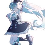  1girl absurdres aqua_eyes aqua_hair aqua_necktie arm_behind_back black_bow black_dress black_socks boots bow buttons closed_mouth collared_shirt dress finger_to_cheek floating_hair foot_out_of_frame frilled_dress frills gloves hair_between_eyes hair_bow hatsune_miku headphones highres kneehighs long_bangs long_hair looking_at_viewer magical_mirai_miku magical_mirai_miku_(2016) necktie qtian shirt sidelocks simple_background sleeveless sleeveless_dress sleeveless_shirt smile socks solo twintails very_long_hair vocaloid white_background white_gloves white_shirt 