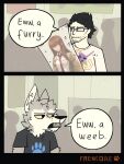  2023 3:4 annoyed anthro body_pillow canid canine canis clothed clothing dakimakura_design detailed_background dialogue duo english_text eyewear fangs frenetic_wolf fur glasses grey_body grey_fur hair hi_res human inner_ear_fluff inside male mammal narrowed_eyes open_mouth pillow shirt signature speech_bubble stubble t-shirt teeth text topwear tuft two_panel_image wolf yellow_sclera 