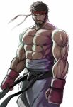  1boy backlighting beard black_hair boxing_gloves dougi facial_hair feet_out_of_frame forked_eyebrows frown headband highres large_pectorals male_focus midriff_sarashi muscular muscular_male mustache nipples pectorals red_headband ryu_(street_fighter) sarashi serious shibusun short_hair solo standing street_fighter strongman_waist thick_eyebrows topless_male 
