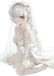  1girl absurdres bandage_over_one_eye bandaged_leg bandages blunt_bangs breasts cleavage dress grey_eyes grey_hair highres long_hair looking_at_viewer medium_breasts off_shoulder original parted_lips simple_background sitting solo spaghetti_strap veil white_background white_dress white_veil yonchan 