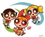  3girls alternate_costume artist_name black_hair blonde_hair blossom_(ppg) blue_eyes blue_skirt bow bubbles_(ppg) buttercup_(ppg) commentary danishi frown green_eyes green_skirt hair_bow long_hair multiple_girls open_mouth orange_hair orange_skirt ponytail powerpuff_girls puffy_short_sleeves puffy_sleeves red_bow red_eyes short_hair short_sleeves siblings signature sisters skirt skirt_set smile twintails 