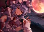  1girl 1other ascot blood blood_on_clothes blood_on_face blood_on_hands brooch center_frills collared_shirt dutch_angle frilled_ascot frilled_shirt_collar frills full_moon gloves hat hat_ribbon holding_hands interlocked_fingers jewelry looking_at_viewer midori_(misuriru8) mob_cap moon mountainous_horizon night pov purple_hair red_ascot red_eyes red_moon red_ribbon remilia_scarlet ribbon shirt short_sleeves smile star_(sky) touhou white_gloves white_headwear wrist_cuffs 