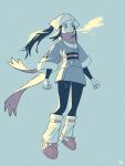  1girl akari_(pokemon) breath clenched_hands commentary_request floating_scarf full_body head_scarf highres jacket loose_socks omyo_(myomyomyo22) pantyhose pokemon pokemon_(game) pokemon_legends:_arceus ponytail scarf shirt shoes sidelocks signature simple_background skirt socks solo 