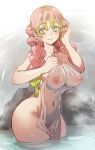  1girl blush bow_(bhp) braid breasts cleavage closed_mouth collarbone covered_navel covered_nipples covering gradient_hair green_eyes green_hair holding holding_towel kanroji_mitsuri kimetsu_no_yaiba large_breasts long_hair looking_to_the_side mole mole_under_eye multicolored_hair naked_towel nipples nude_cover onsen pink_hair raised_eyebrows rock smile solo standing thighs towel twin_braids two-tone_hair wading 