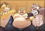  2023 anthro aretna belly big_belly bottomwear brown_body bulge canid canine canis clothing domestic_dog feeding felid food group hi_res hitachi_(tamacolle) kemono male mammal moobs musashi_(tamacolle) muscular navel nipples overweight overweight_male pantherine pants tamacolle tiger 