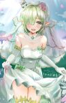  1girl absurdres aoi_(princess_connect!) bare_shoulders blush breasts bridal_veil chokomin clothes_lift dress dress_lift elbow_gloves elf gloves green_eyes grey_hair highres medium_breasts pointy_ears princess_connect! short_hair solo sweatdrop thighhighs veil wedding_dress 