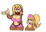  2023 absurd_res annoyed anthro being_watched blonde_hair blue_eyes breasts brown_body brown_fur candy_kong cleavage clothed clothing dixie_kong donkey_kong_(series) duo ear_piercing eks-out eyeshadow featureless_crotch female fur green_eyes hair haplorhine hat headgear headwear hi_res innuendo lipstick long_hair looking_at_another makeup mammal monkey motion_blur motion_lines narrowed_eyes nintendo piercing primate simple_background white_background 
