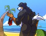  absurd_res anthro beach canid canine canis casual_nudity clothing domestic_dog hi_res holding_clothing holding_object holding_underwear male male_anthro mammal nude outdoor_nudity palm_tree plant seaside showing_rear solo thekinkybear tree underwear 