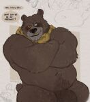  absurd_res anthro bear belly biceps blind_eye blush brown_body brown_fur crossed_arms dialogue dreamworks english_text fur genitals grey_hair grin hair hairy hi_res male mammal mature_anthro mature_male mostly_nude musclegut muscular muscular_male nipples overweight overweight_male papa_bear_(puss_in_boots) pecs penis puss_in_boots_(film) puss_in_boots_the_last_wish scarf scarf_only smile solo tail talking_to_viewer text xeoniios yellow_sclera 