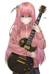  1girl absurdres black_skirt blue_eyes bocchi_the_rock! closed_mouth cube_hair_ornament electric_guitar gotou_hitori guitar hair_between_eyes hair_ornament highres holding holding_instrument instrument jacket ligong long_hair long_sleeves looking_at_viewer one_side_up pink_hair pink_jacket pleated_skirt simple_background skirt solo track_jacket twitter_username upper_body white_background 