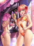  2girls :d artist_name bandeau bare_arms bare_shoulders bendy_straw bikini blue_eyes breasts can checkered_bikini_top commentary corn_dog credit_card doki_doki_literature_club drinking_straw flower food-themed_hair_ornament food_print glint hair_flower hair_ornament halterneck highres holding holding_can holding_wallet ice_cream_cone light_blush medium_breasts mirrored_text multiple_girls natsuki_(doki_doki_literature_club) navel o-ring o-ring_top open_mouth orange_bikini orange_hair pink_bikini pink_eyes pink_hair potetos7 print_bikini sayori_(doki_doki_literature_club) short_hair side-tie_bikini_bottom small_breasts smile stomach strawberry_hair_ornament strawberry_print swimsuit symbol-only_commentary thighs two_side_up underboob wallet 