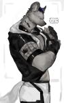  2023 anthro arknights black_hair blue_hair bottomwear canid canine canis clothing ear_piercing eyes_closed fingerless_gloves fur gloves grey_body grey_fur hair handwear hi_res hyena hypergryph jackal male mammal p7ywirzyw8lesuc pants piercing solo spot_(arknights) spotted_hyena studio_montagne yuqiqiya54831 