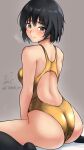  1girl alternate_costume amagami ass black_eyes black_hair black_socks bob_cut breasts breath commentary_request competition_swimsuit from_behind gold_one-piece_swimsuit golden_week grey_background highres looking_at_viewer looking_back nanasaki_ai one-piece_swimsuit short_hair sitting socks solo steam swimsuit wariza yoo_tenchi 