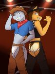  anthro back_to_back belt bulge butt canid canine canis chaps clothed clothing cowboy_hat cowboy_outfit coyote crop_top duo fish furgonomics fuze grin hat headgear headwear hi_res ian_dela_cruz jockstrap looking_at_viewer male male/male mammal marine midriff mond_reyes neckerchief shark shirt smile spotlight texnatsu topwear underwear 