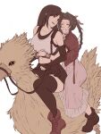  2girls aerith_gainsborough bare_shoulders black_gloves black_hair black_skirt black_sports_bra black_thighhighs boots bracelet braid braided_ponytail breasts brown_footwear brown_hair chocobo choker closed_eyes collarbone commentary crop_top cropped_jacket dress elbow_gloves english_commentary final_fantasy final_fantasy_vii final_fantasy_vii_rebirth final_fantasy_vii_remake fingerless_gloves gloves hair_ribbon highres holding holding_reins hug hug_from_behind jacket jewelry kivavis large_breasts long_dress long_hair looking_at_viewer looking_back midriff multiple_girls navel parted_bangs parted_lips pink_dress pink_ribbon red_eyes red_footwear red_jacket reins ribbon riding riding_animal riding_bird short_sleeves sitting skirt smile sports_bra suspender_skirt suspenders tank_top thighhighs tifa_lockhart white_background white_tank_top zettai_ryouiki 