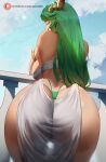  1girl araneesama armlet ass back bandeau bare_shoulders blue_sky blush breasts circlet green_eyes green_hair green_panties highleg highleg_panties highres kid_icarus kid_icarus_uprising large_breasts long_hair looking_at_viewer looking_back palutena panties pelvic_curtain skirt sky solo underwear very_long_hair white_skirt 