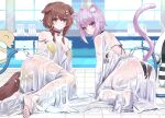  2girls ahoge animal_ear_fluff animal_ears bikini black_bikini black_choker blush breasts brown_hair cat_ears cat_girl cat_tail choker dalcom dog_ears dog_girl dog_tail hair_between_eyes hololive inugami_korone looking_at_viewer medium_breasts multiple_girls nekomata_okayu pink_hair red_choker see-through smile swimsuit tail virtual_youtuber water yellow_bikini 