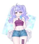  1girl :3 alternate_costume alternate_hairstyle amiya_aranha amiya_aranha_(artist) arthropod_limbs blue_shorts blush breasts denim denim_shorts extra_legs food hand_on_own_hip highres holding holding_food holding_popsicle indie_virtual_youtuber licking_lips long_hair melting midriff navel popsicle purple_eyes purple_hair purple_ribbon purple_tube_top ribbon shorts small_breasts smile smug solo straight-on strapless tongue tongue_out tube_top twintails virtual_youtuber 