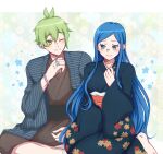  1boy 1girl amami_rantarou blue_eyes blue_hair commentary danganronpa_(series) danganronpa_v3:_killing_harmony donutous floral_background glasses green_eyes green_hair highres japanese_clothes jewelry kimono looking_at_another one_eye_closed ring shirogane_tsumugi sitting smile symbol-only_commentary yukata 