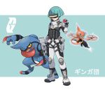  1girl armor green_hair gun highres holding holding_gun holding_poke_ball holding_weapon holster looking_at_viewer poke_ball poke_ball_(basic) pokemon pokemon_(creature) pokemon_(game) pokemon_dppt rotom short_hair team_galactic_grunt team_galactic_logo thegraffitisoul thigh_holster toxicroak weapon 