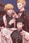  3boys arm_up black_hair black_shirt black_suit blonde_hair blood blood_on_clothes blood_on_face bow bowtie branch cigarette cross cross_necklace donquixote_doflamingo donquixote_rocinante earrings facial_hair falling_petals formal goatee halloween_costume hand_tattoo highres holding holding_syringe jewelry looking_at_viewer multiple_boys necklace one_piece petals priest red_bow red_bowtie red_eyes scissors shirt short_hair smile starch_syrup suit syringe tattoo trafalgar_law white_suit yellow_eyes 