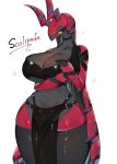  anthro breasts clothed clothing female generation_5_pokemon hi_res horn nintendo pokemon pokemon_(species) red_body scolipede simple_background solo togetoge yellow_sclera 