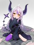  1girl absurdres ahoge arm_between_legs black_coat blush braid coat commentary demon_girl demon_horns demon_tail grey_hair hair_between_eyes hand_to_own_mouth highres hololive holox horns kneeling la+_darknesss long_hair long_sleeves looking_at_viewer multicolored_hair on_floor open_mouth pepamaro pointy_ears purple_hair purple_thighhighs simple_background single_thighhigh sleeves_past_wrists slit_pupils solo streaked_hair striped_horns tail thighhighs very_long_hair virtual_youtuber white_background yellow_eyes 