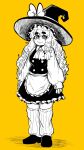  1girl apron arms_at_sides ascot breasts bright_pupils full_body hat highres hikibee kirisame_marisa leg_warmers long_hair looking_at_viewer medium_breasts messy_hair monochrome simple_background smile solo standing swept_bangs thick_eyebrows touhou very_long_hair waist_apron wavy_hair witch_hat yellow_background 