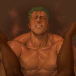  1boy 1other abs bara dark-skinned_male dark_skin green_hair implied_sex juhi-huji large_pectorals legs_on_another&#039;s_shoulders male_focus muscular muscular_male nipples nude one_piece paid_reward_available pectorals pov roronoa_zoro scar scar_across_eye short_hair solo_focus steaming_body stitches sweat taker_pov upper_body 