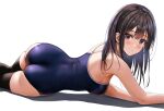  1girl ass black_hair black_thighhighs blue_one-piece_swimsuit breasts commentary_request competition_school_swimsuit feet_out_of_frame from_behind long_hair looking_at_viewer looking_back lying medium_breasts on_side one-piece_swimsuit original purple_eyes school_swimsuit shadow simple_background solo swimsuit thighhighs white_background yukemuriganmo 