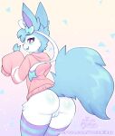  anthro baggy_clothing biped blue_body blue_fur blush butt clothing eeveelution female fur generation_6_pokemon genitals hi_res legwear looking_back milk_the_sylveon_(toxicmilkyx) nintendo open_mouth oversized_sleeves pattern_clothing pattern_legwear pattern_stockings pokemon pokemon_(species) purple_eyes pussy rear_view solo stockings sylveon toxicmilkyx trans_(lore) trans_man_(lore) white_body white_fur 