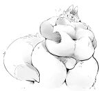  2023 absurd_res anthro belly big_belly big_tail blaine_the_fennec_fox blep bulge canid canine clothed clothing detailed_bulge digital_media_(artwork) fennec fluffy fluffy_tail fox hi_res holding_belly looking_down male mammal monochrome moobs navel nipples obese obese_anthro obese_male overweight overweight_anthro overweight_male portrait simple_background solo super-tuler tail thick_thighs three-quarter_portrait tongue tongue_out underwear underwear_only white_background 