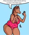  anthro bojack_horseman breasts cellphone chubby_female cleavage clothed clothing ear_piercing equid equine female freckles freckles_on_butt furrycheetah_(artist) holding_object holding_phone hollyhock_(bojack_horseman) horse mammal netflix omochao4(artist) one-piece_swimsuit phone piercing slightly_chubby solo swimwear 