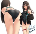 1girl ass backless_swimsuit black_cardigan blush breasts brown_hair cardigan choker collarbone competition_swimsuit covered_navel crotch dated green_eyes groin highres idolmaster idolmaster_cinderella_girls long_hair looking_at_viewer medium_breasts one-piece_swimsuit red_choker shibuya_rin signature solo swimsuit thigh_strap yoo_tenchi 
