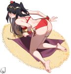  1girl absurdres ass bare_shoulders barefoot bent_over bikini black_hair breasts cape censored censored_feet feet fire_emblem fire_emblem_heroes flower hair_ornament highres l4wless legs long_hair looking_back medium_breasts o-ring official_alternate_costume red_bikini signature simple_background soles solo swimsuit tharja_(fire_emblem) tharja_(summer)_(fire_emblem) tiara toes two_side_up white_background 