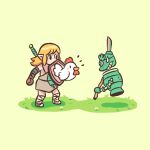  1boy blonde_hair chibi construct_(zelda) cucco eto2d full_body fuse_(zelda) grass highres holding holding_shield humanoid_robot link long_hair pointy_ears robot shield simple_background standing the_legend_of_zelda the_legend_of_zelda:_tears_of_the_kingdom weapon weapon_on_back 